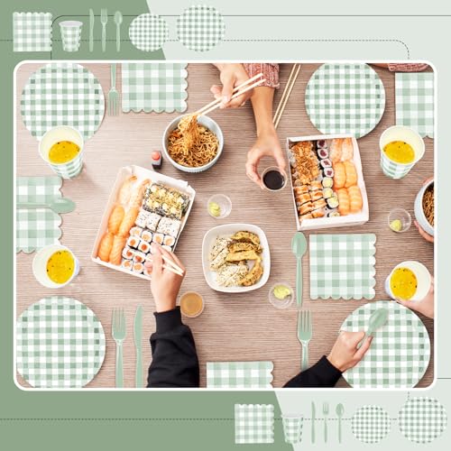Newtay 168 Pcs Gingham Party Supplies for 24 Guests Paper Plates Knives Spoons Forks Napkins Cups Disposable Set Cutlery for Checkered Dinner Wedding Party Favor(Sage Green) - Image 4