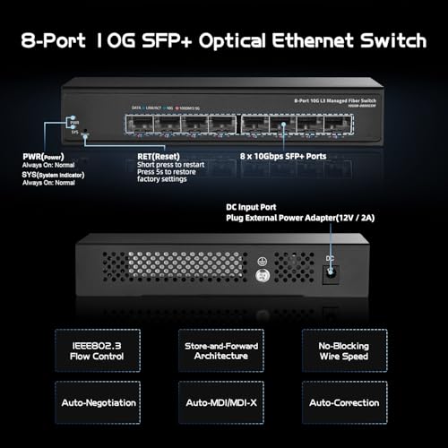 Binardat 8 Port 10 Gigabit SFP Managed Switch, Support 1G Sfp and 10G Sfp+ Module, 160Gbps Bandwidth, L3 Web Managed, Metal Fanless Fiber Binardat Network Switch - Image 4
