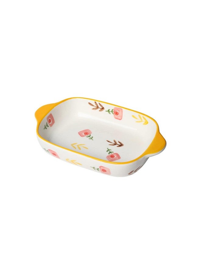 OLWICK طبق خبز سيراميك OLWICK® مزخرف بطبعة زهور، طبق كسرولة مستطيل مع مقبض للفرن، صينية خبز سيراميك، صينية لازانيا، أدوات خبز فردية 9x5 بوصة - أصفر - عبوة من 1 - Image 1