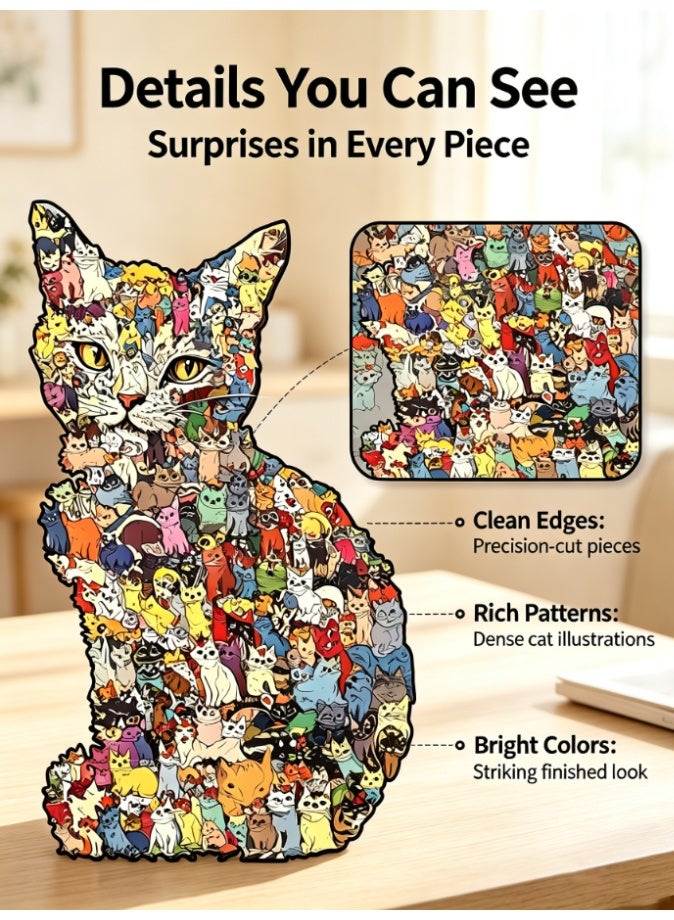 CityRiya-Long Irregular Animal Shaped Wooden Jigsaw Puzzle, Giant Cat Outline Filled with Mini Kittens Art Puzzle, DIY Handcraft Table Decoration Puzzle for Home & Office (JJYM-25052-L) - Image 4