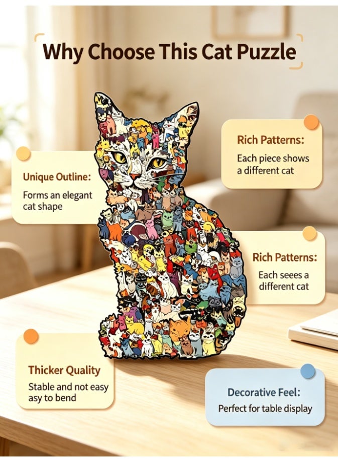 CityRiya-Long Irregular Animal Shaped Wooden Jigsaw Puzzle, Giant Cat Outline Filled with Mini Kittens Art Puzzle, DIY Handcraft Table Decoration Puzzle for Home & Office (JJYM-25052-L) - Image 2