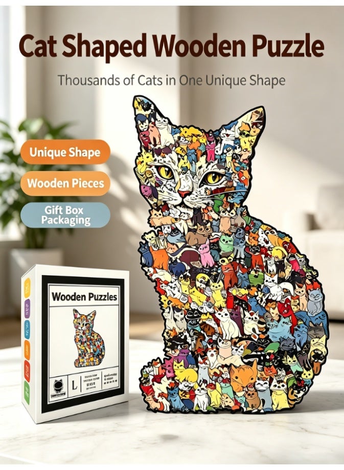 CityRiya-Long Irregular Animal Shaped Wooden Jigsaw Puzzle, Giant Cat Outline Filled with Mini Kittens Art Puzzle, DIY Handcraft Table Decoration Puzzle for Home & Office (JJYM-25052-L) - Image 1