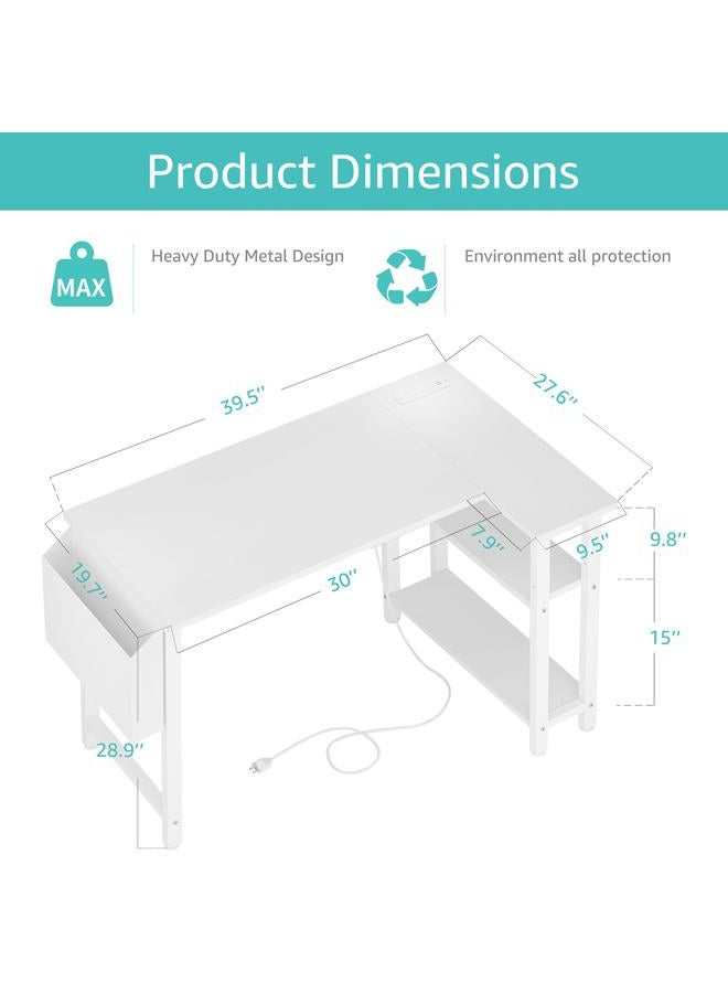 Lufeiya White L Shaped Computer Desk with Power Outlet Shelves, 40 Inch Small Corner Desk for Small Space Home Office, L-Shaped Desk PC Desks, White - Image 4