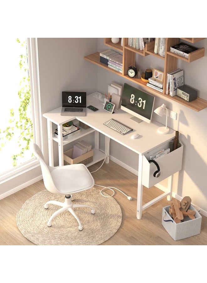 Lufeiya White L Shaped Computer Desk with Power Outlet Shelves, 40 Inch Small Corner Desk for Small Space Home Office, L-Shaped Desk PC Desks, White - Image 2