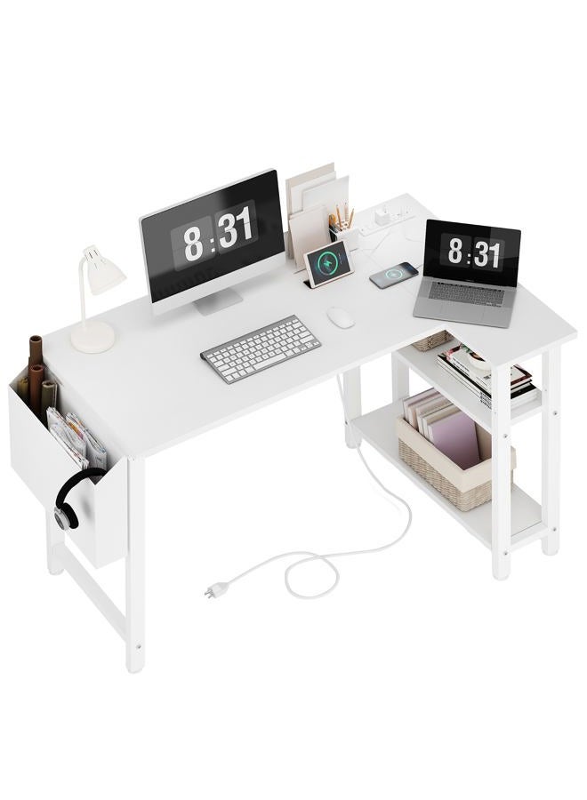 Lufeiya White L Shaped Computer Desk with Power Outlet Shelves, 40 Inch Small Corner Desk for Small Space Home Office, L-Shaped Desk PC Desks, White - Image 1