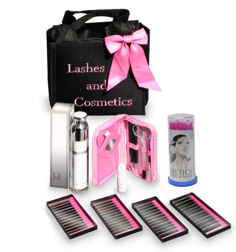 Eyelash Extension Kit  Eyelash Extension Glue  Mink Eyelash Extensions 4 Pack  Made in USA  Designer Tool Kit with Eyelash Cleanser and Storage Travel Case