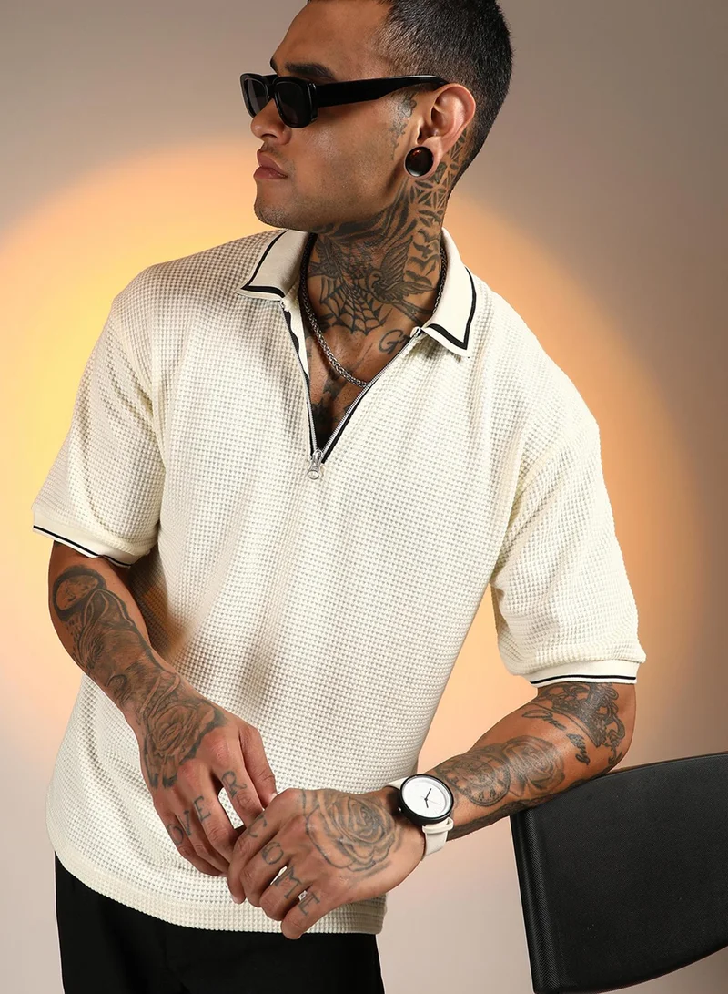 Campus Sutra Men's Daisy White Micro-Waffle Polo T-Shirt