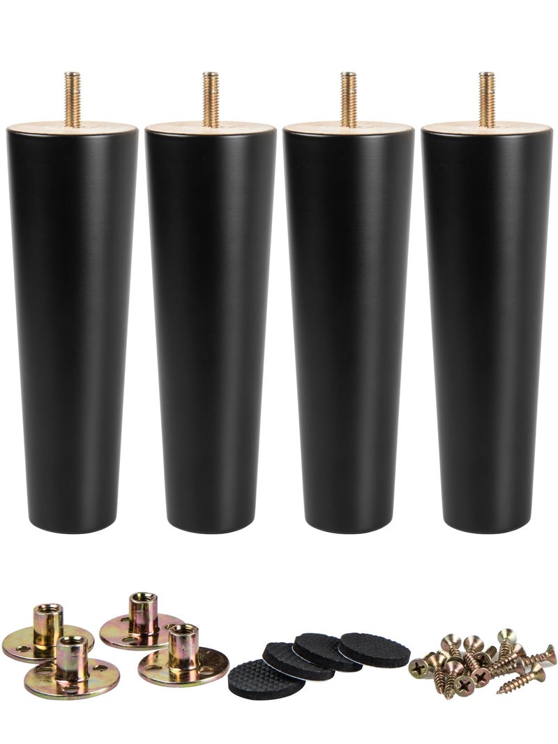 La Vane 4 inch / 10cm Wooden Furniture Legs, Set of 4 Black Solid Wood Tapered M8 Furniture Replacement Feet with Pre-Drilled 5/16 Inch Bolt & Mounting Plate & Screws for Sofa Chair Couch Ottoman - Image 1