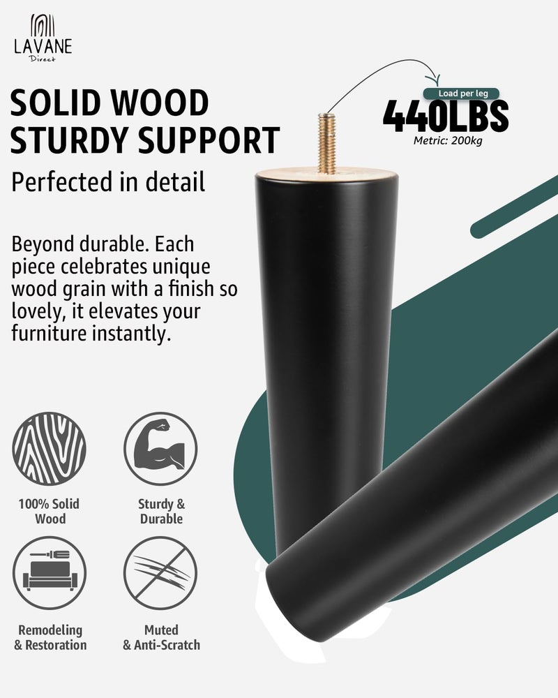 La Vane 4 inch / 10cm Wooden Furniture Legs, Set of 4 Black Solid Wood Tapered M8 Furniture Replacement Feet with Pre-Drilled 5/16 Inch Bolt & Mounting Plate & Screws for Sofa Chair Couch Ottoman - Image 3