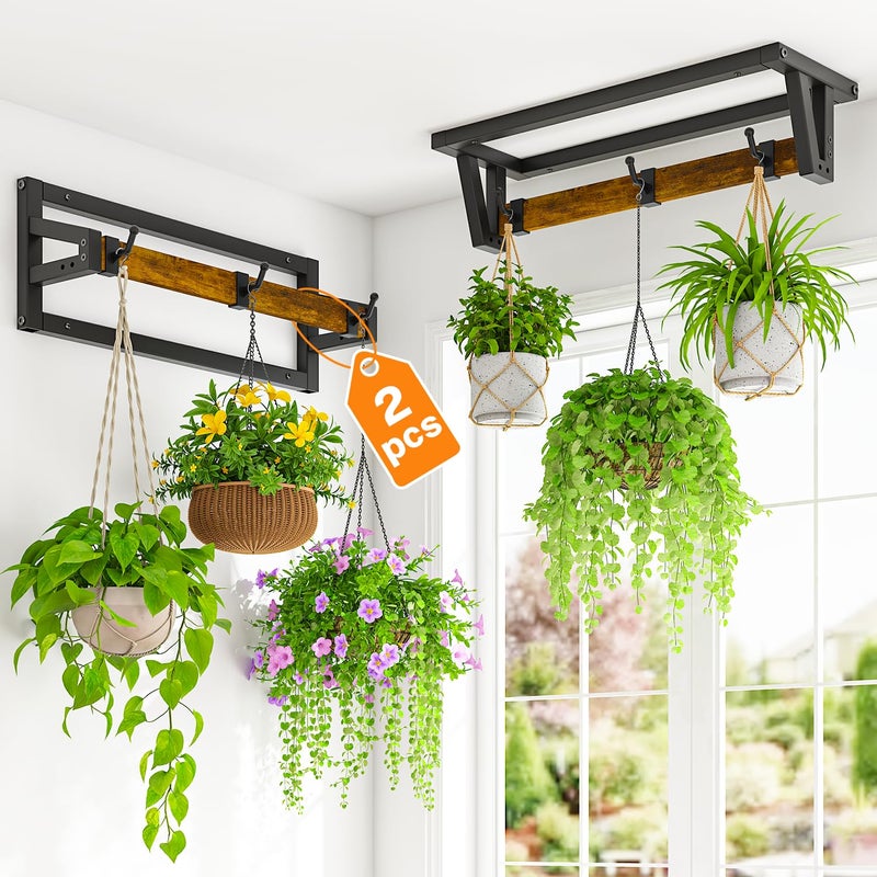 LASZOLA 2 Pcs Plant Hanger Indoor with 6 Heavy Duty Hanging Hooks, Metal and Wood Wall Mounted Plant Hanging Rod, Plant Shelves Holder Bar for Kitchen Window Ceiling (Pot/Chain/Plants not Included) - Image 1