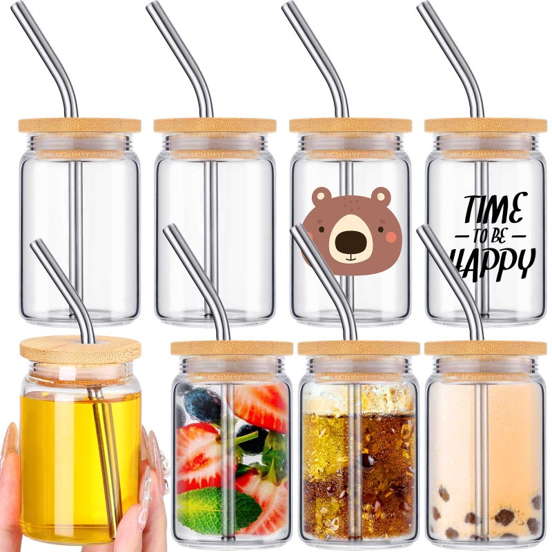 Nuogo 8 Pcs 3 oz Mini Tumbler Shot Glass with Straw and Lid Sublimation Tumblers Mini Glass Cups for Wedding Birthday Party Baby Shower GraduationTransparent