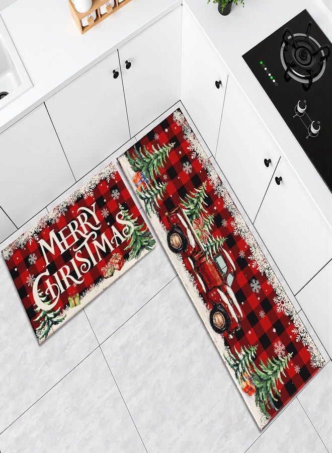 Aytipun Merry Christmas Kitchen Mats for Floor Set of 2 Red Truck Xmas Tree Snowflake Buffalo Plaid Kitchen Rugs Non Slip Washable Absorbent Winter Holiday Kitchen Runner Rugs Decor,17x30 and 17x47 Inch - Image 3