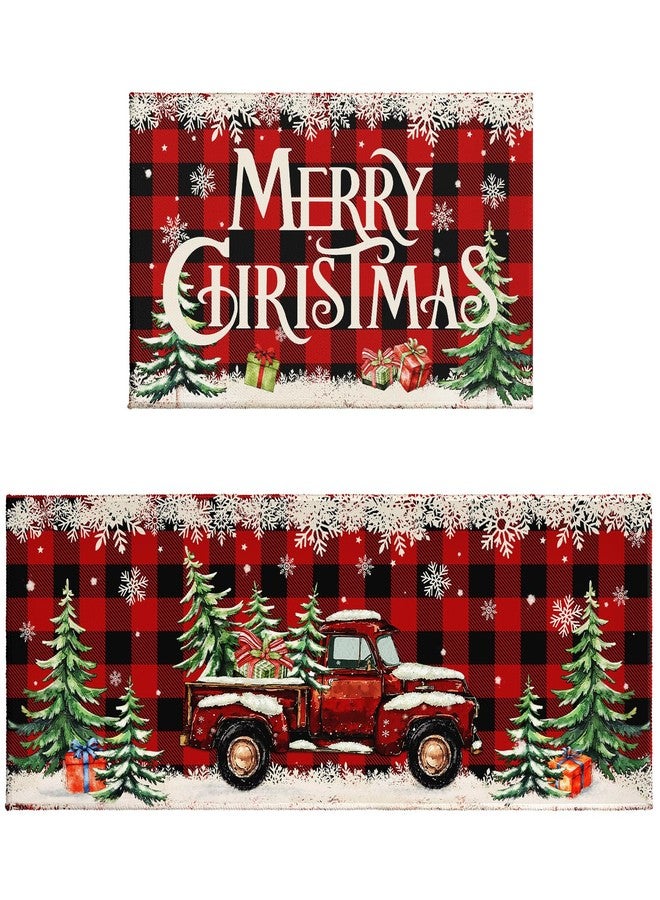 Aytipun Merry Christmas Kitchen Mats for Floor Set of 2 Red Truck Xmas Tree Snowflake Buffalo Plaid Kitchen Rugs Non Slip Washable Absorbent Winter Holiday Kitchen Runner Rugs Decor,17x30 and 17x47 Inch - Image 1