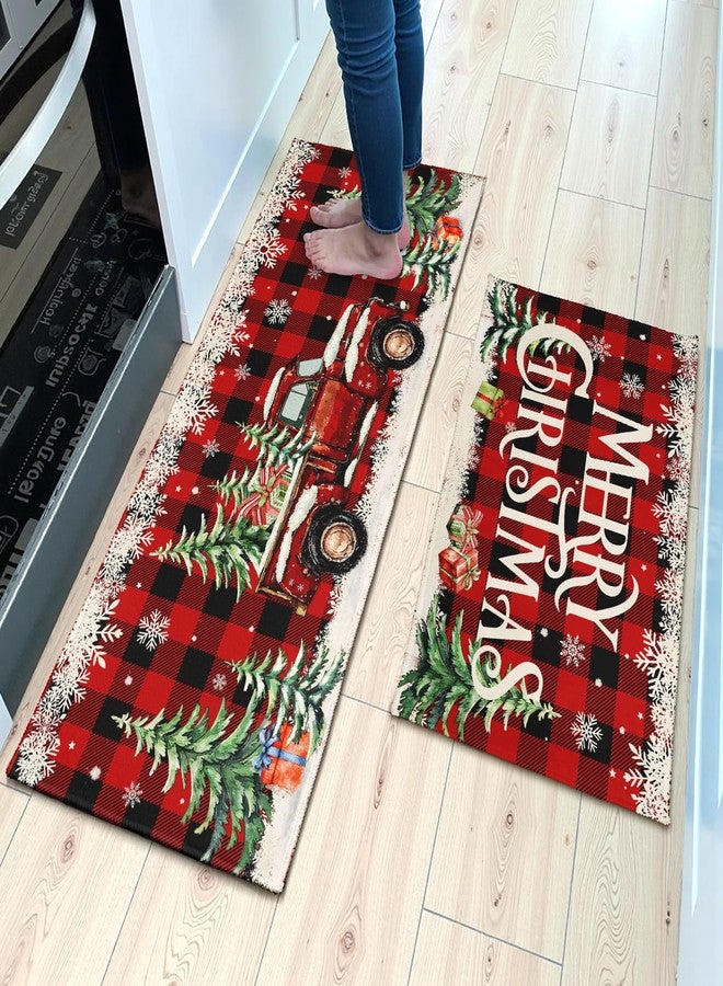 Aytipun Merry Christmas Kitchen Mats for Floor Set of 2 Red Truck Xmas Tree Snowflake Buffalo Plaid Kitchen Rugs Non Slip Washable Absorbent Winter Holiday Kitchen Runner Rugs Decor,17x30 and 17x47 Inch - Image 2