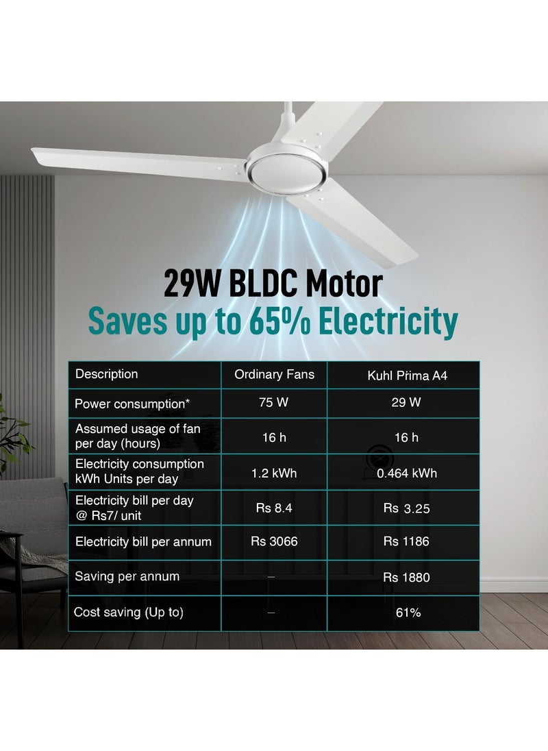 KUHL KUHL Prima A4 1200mm Decorative Power Saving BLDC Ceiling Fan with Remote 29W Saves upto 65 Electricity 5 Star High Air Flow Stylish Design White  - Image 3