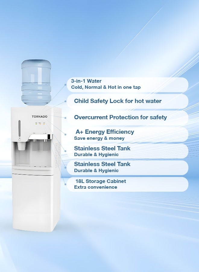 TORNADO Water Dispenser Top Loading with Bottom Cabinet Hot & Cold 3 Taps - Image 2