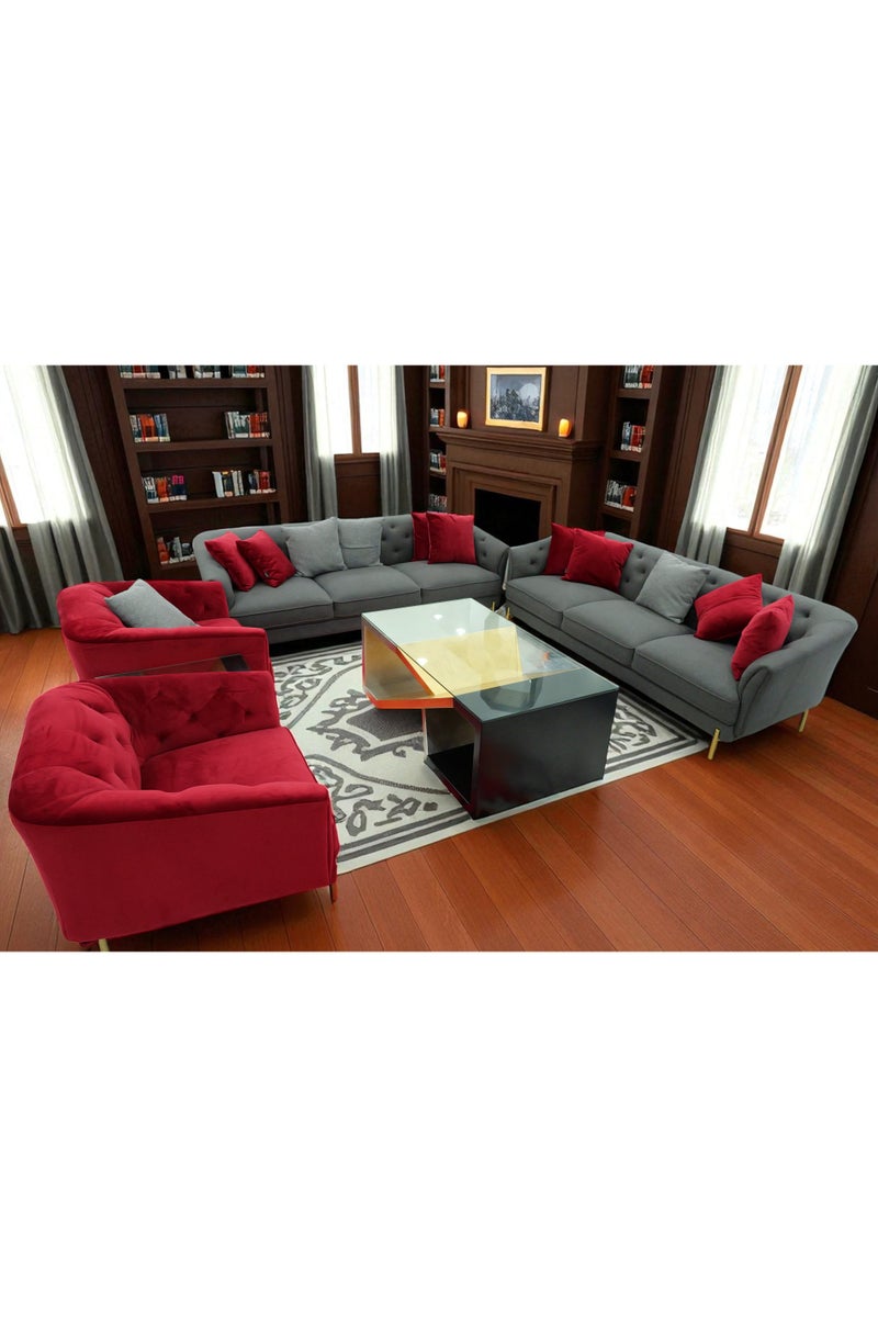 Generic Modern Tufted Living Room Set, Gray and Red Velvet Sectional Sofa with Accent Chairs, 8 Seater, Gold Legs - Image 1