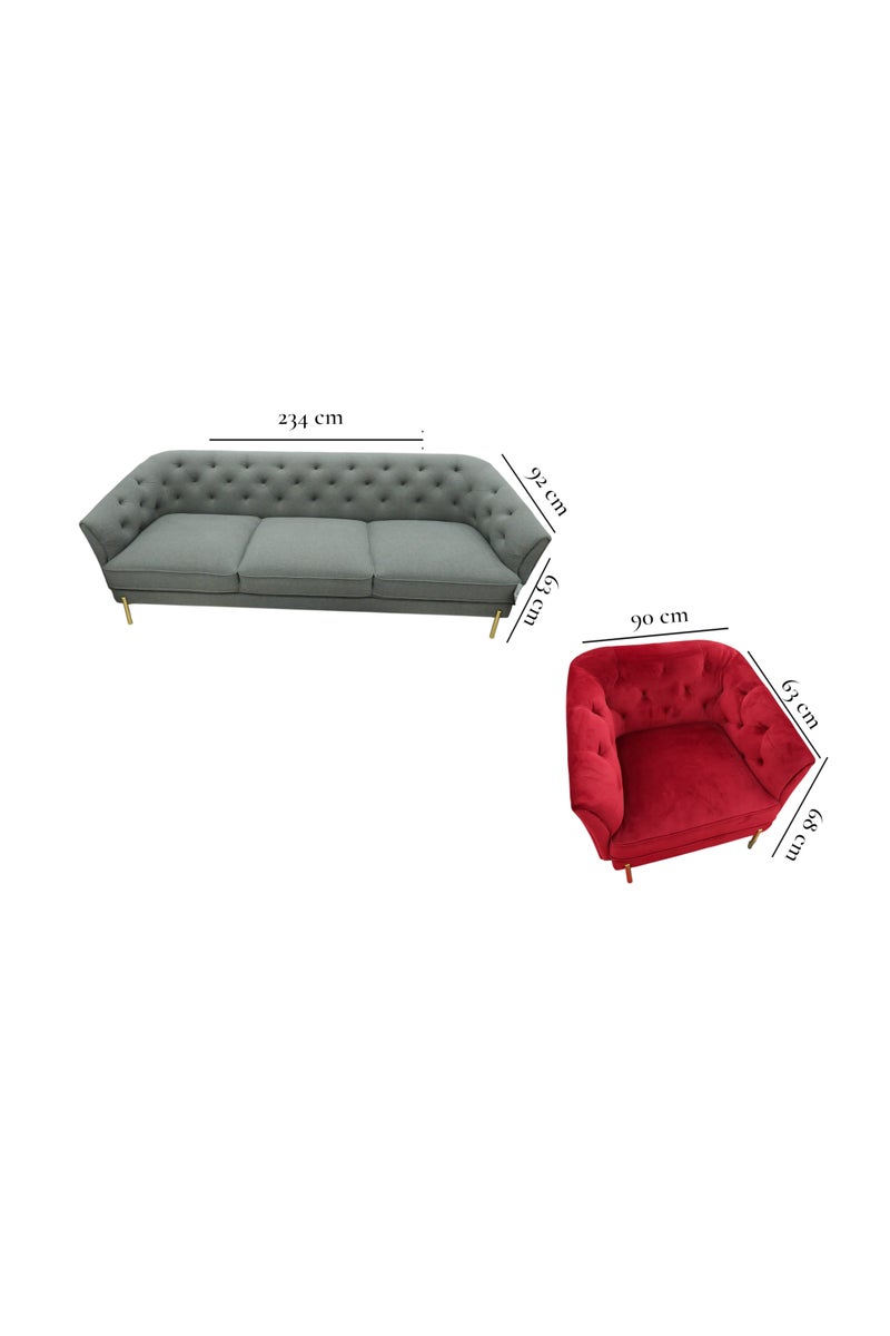 Generic Modern Tufted Living Room Set, Gray and Red Velvet Sectional Sofa with Accent Chairs, 8 Seater, Gold Legs - Image 2
