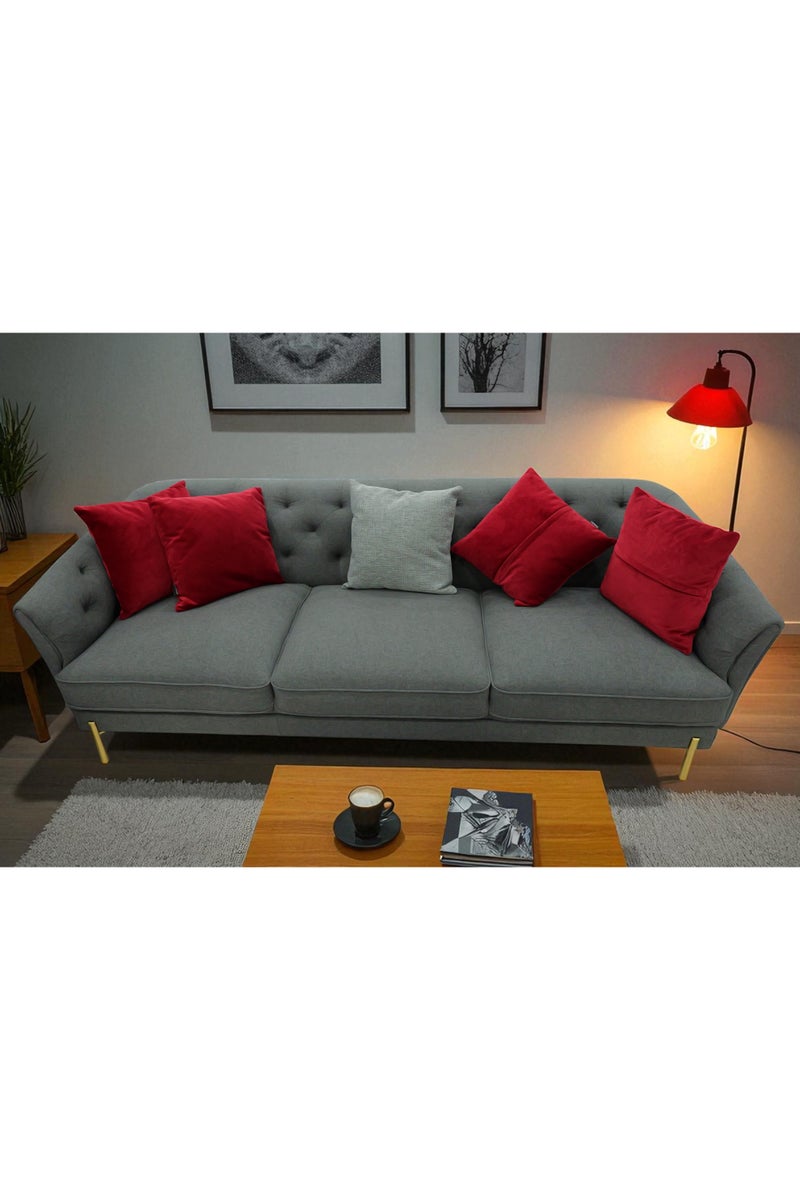 Generic Modern Tufted Living Room Set, Gray and Red Velvet Sectional Sofa with Accent Chairs, 8 Seater, Gold Legs - Image 3