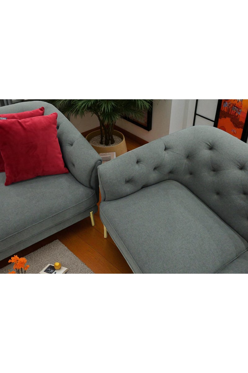 Generic Modern Tufted Living Room Set, Gray and Red Velvet Sectional Sofa with Accent Chairs, 8 Seater, Gold Legs - Image 5