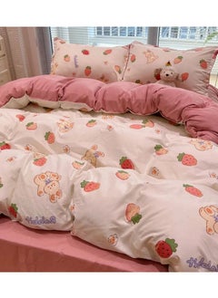 Cartoon ins style super cute soft bamboo panda washed cotton sheet quilt cover four-piece set student bed three-piece set,Strawberry Rabbit g, 1.8 four-piece set ( duvet cover 180x220)