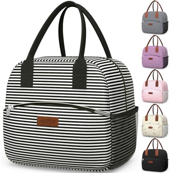 HOTOR Lunch Bag for Women & Men - Wear-Resistant Insulated Lunch Box with Large Capacity, Multi-Functional Cooler Bag for Office, Picnic, Black and White Stripes, 10L,10.60" x 5.90" x 9.50" - Image 1