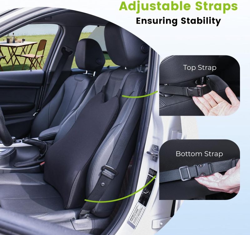 Lumbar Support Pillow Black Memory Foam With Dual Straps - Back Pain Relief Seat Cushion for Long Driving, Car Use - Image 5