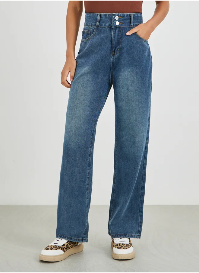 ستايلي Styli Mid Rise Straight Fit Faded Jeans