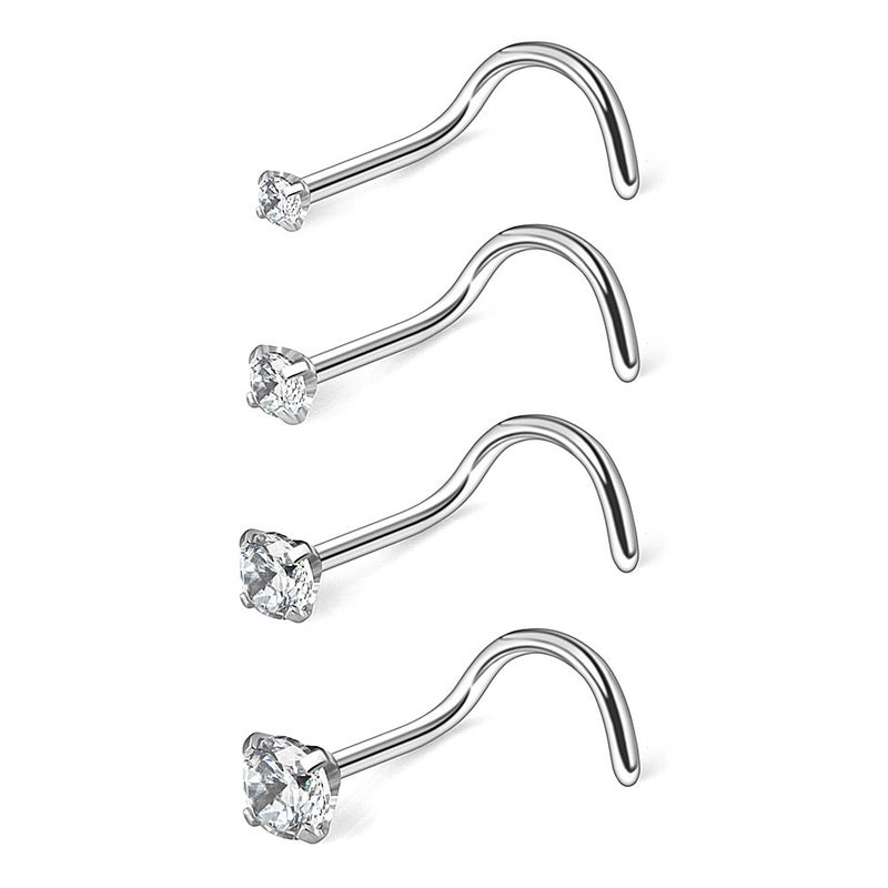 Ruifan 4PCS 18G 316L Surgical Steel 1.5mm 2mm 2.5mm 3mm Clear Round Diamond Cubic Zirconia Crystal Nose Screw Studs Rings Piercing Jewelry - Silver - Image 1