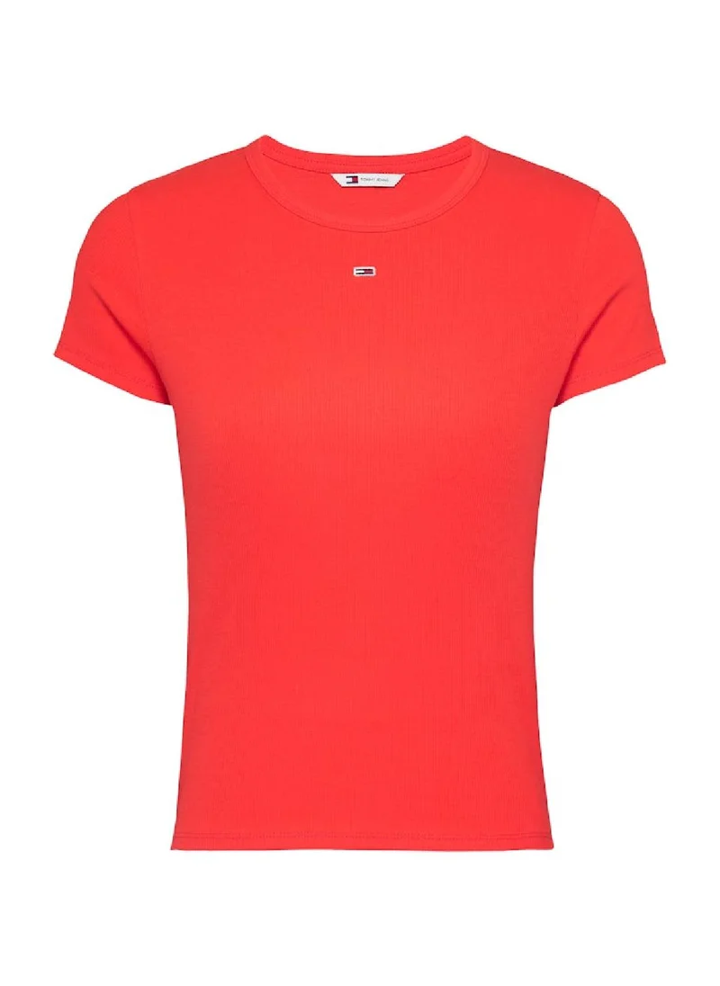 TOMMY JEANS Women's Ribbed Slim T-Shirt - Cotton, Red