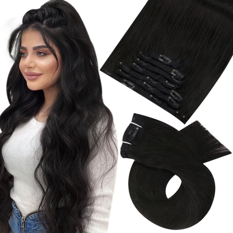 Moresoo Clip in Hair Extensions Remy Double Weft Human Hair Clip in Extensions Straight Hair Extensions for Women Natural Black 1B 7pcs 120g 18inch