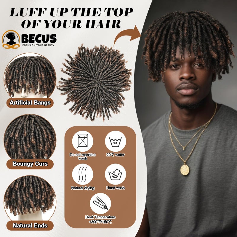 BECUS Dreadlock Hair Topper for Men Afro Synthetic Toupee with Bangs Short Braided Dreads Lock Wiggy Topper for Daily Wear Cosplay Halloween Party (Brown) - Image 5