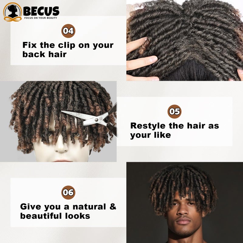 BECUS Dreadlock Hair Topper for Men Afro Synthetic Toupee with Bangs Short Braided Dreads Lock Wiggy Topper for Daily Wear Cosplay Halloween Party (Brown) - Image 4
