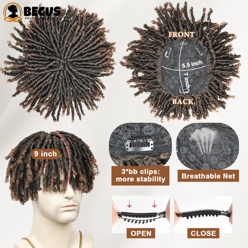 BECUS Dreadlock Hair Topper for Men Afro Synthetic Toupee with Bangs Short Braided Dreads Lock Wiggy Topper for Daily Wear Cosplay Halloween Party (Brown) - Image 2