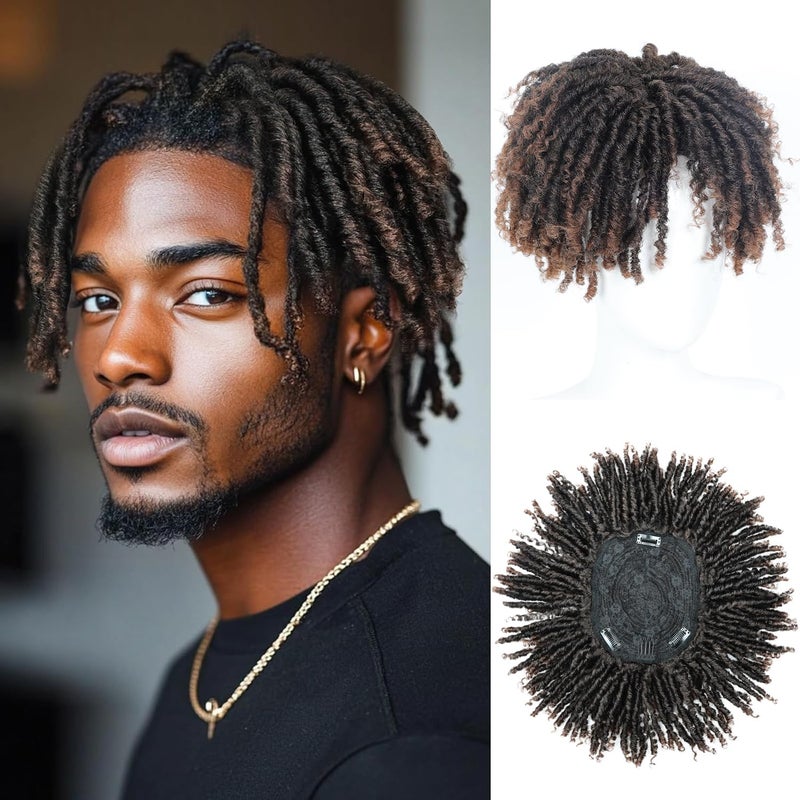 BECUS Dreadlock Hair Topper for Men Afro Synthetic Toupee with Bangs Short Braided Dreads Lock Wiggy Topper for Daily Wear Cosplay Halloween Party (Brown) - Image 1