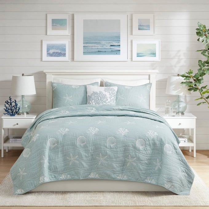 SEASIDE REVERSIBLE COTTON QUILT SET COASTAL CLAM STARFISH CORAL EMBROIDERY ALL SEASON PREWASHED COVERLET BEDDING LAYER DECORATIVE PILLOW FULLQUEEN90X90 SEAFOAM 4 PIECE
