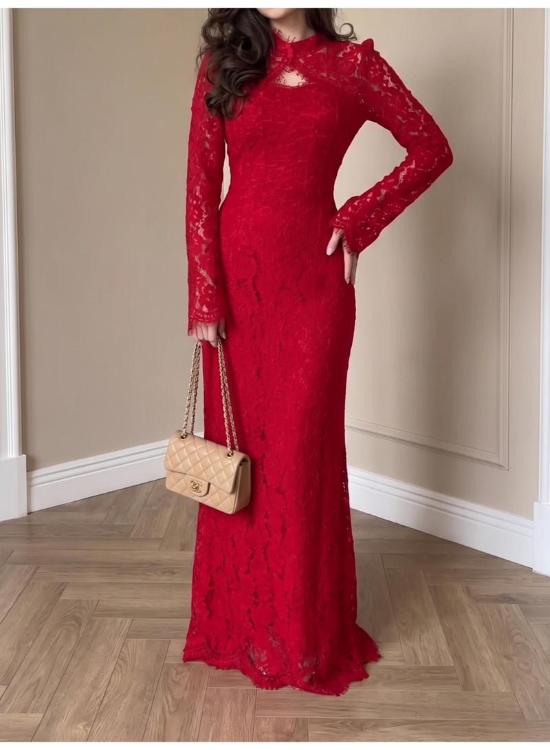 Women Turkish Lace Modest Maxi Dress Mandarin Collar Long Sleeve Mermaid Evening Long Dress - Image 1