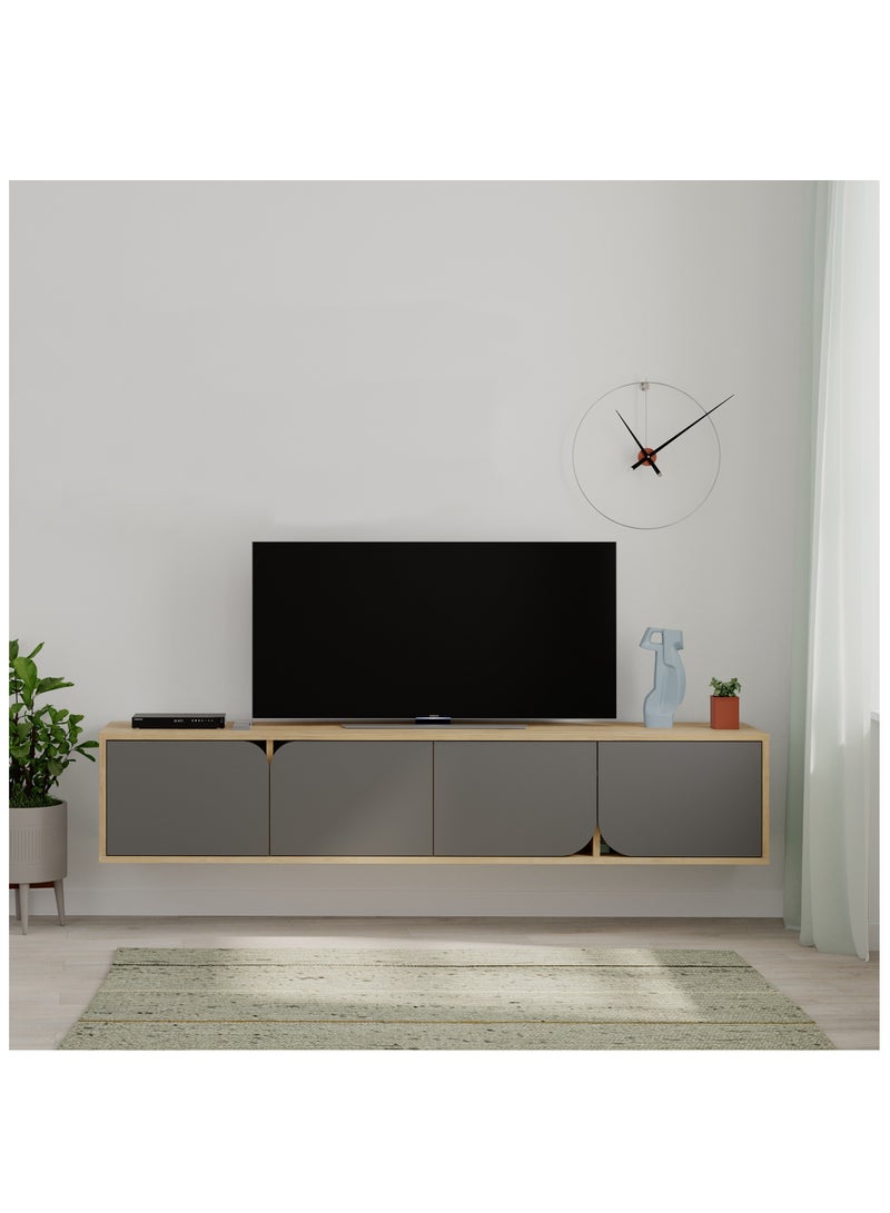 موراه خزانة تلفزيون سبارك عائمة من موراه هوم، حتى ٧٠ بوصة | وحدة تلفزيون مثبتة على الحائط بأربعة أبواب | وحدة تلفزيون | ١٨٠ × ٣٥٫٦ × ٣٥ سم | لون بلوط/رمادي داكن - Image 1