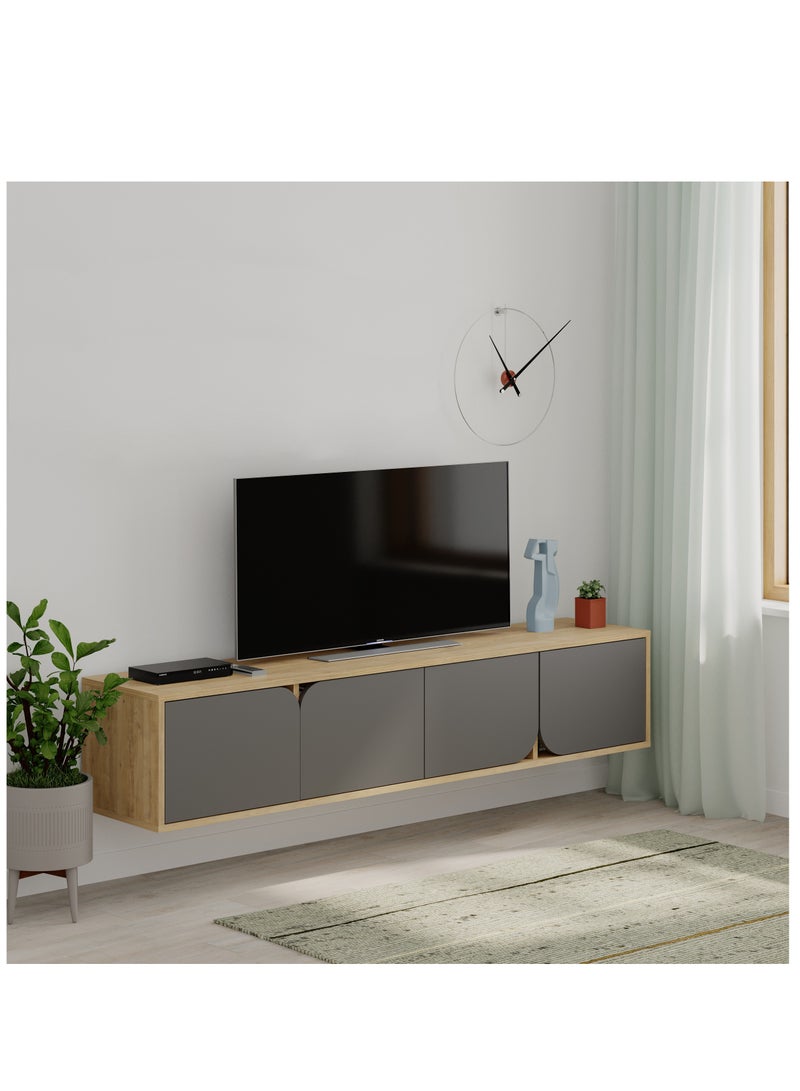 موراه خزانة تلفزيون سبارك عائمة من موراه هوم، حتى ٧٠ بوصة | وحدة تلفزيون مثبتة على الحائط بأربعة أبواب | وحدة تلفزيون | ١٨٠ × ٣٥٫٦ × ٣٥ سم | لون بلوط/رمادي داكن - Image 2