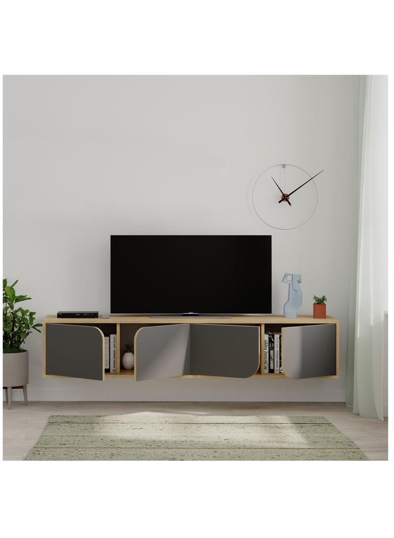 موراه خزانة تلفزيون سبارك عائمة من موراه هوم، حتى ٧٠ بوصة | وحدة تلفزيون مثبتة على الحائط بأربعة أبواب | وحدة تلفزيون | ١٨٠ × ٣٥٫٦ × ٣٥ سم | لون بلوط/رمادي داكن - Image 3