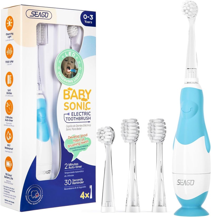 Seago Toddler Electric Toothbrushes for Baby Ages 0-3 Years, Baby Toothbrush with Smart Timer and Suction Base, 4 Replacement Brush Heads SG-513 - Image 1