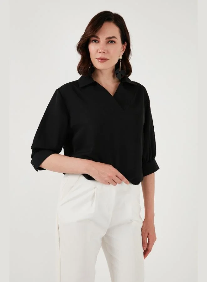 ليلا بلوزة ليلى بأكمام ثلاثة أرباع مقاس كبير وياقة على شكل  للنساء