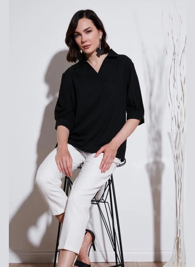 ليلا بلوزة ليلى بأكمام ثلاثة أرباع مقاس كبير وياقة على شكل  للنساء