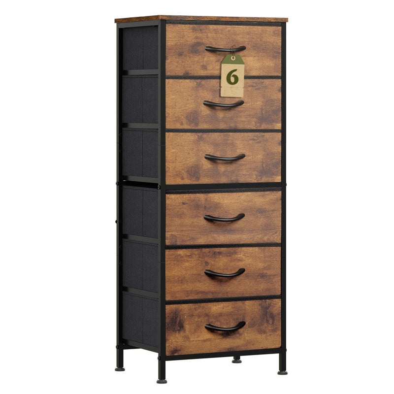 WLIVE Tall Dresser for Bedroom, 6 Drawer Dressers & Chests of Drawers, Fabric Dresser for Closet, Night Stand with Metal Frame, Storage Tower with Fabric Bins, Wood Top, Rustic Brown Wood Grain Print - Image 1