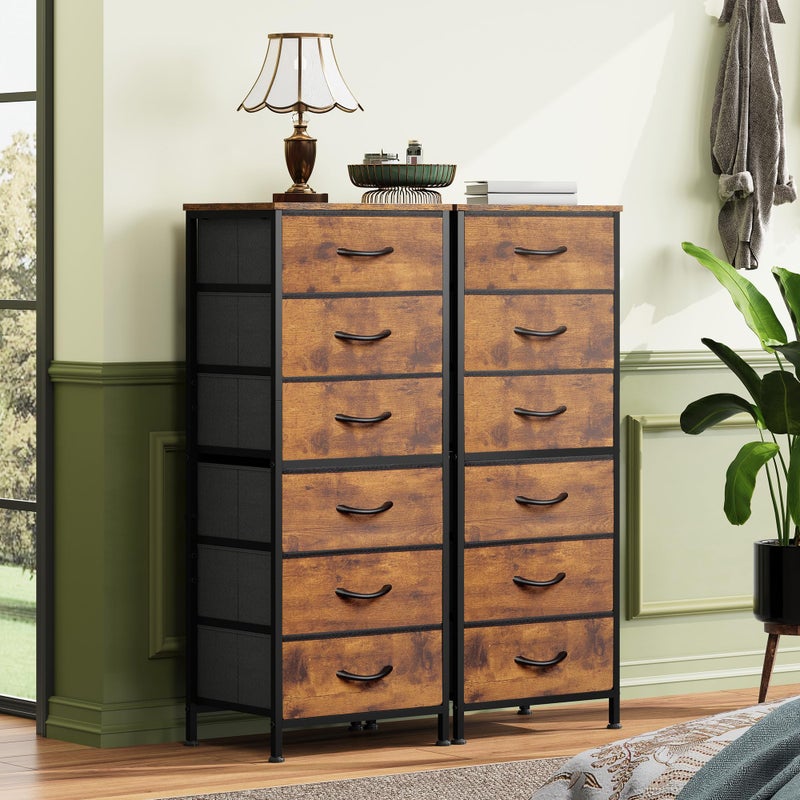 WLIVE Tall Dresser for Bedroom, 6 Drawer Dressers & Chests of Drawers, Fabric Dresser for Closet, Night Stand with Metal Frame, Storage Tower with Fabric Bins, Wood Top, Rustic Brown Wood Grain Print - Image 2