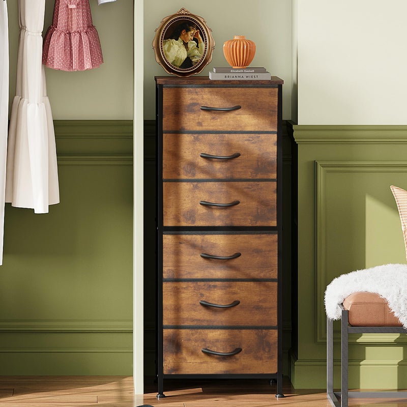 WLIVE Tall Dresser for Bedroom, 6 Drawer Dressers & Chests of Drawers, Fabric Dresser for Closet, Night Stand with Metal Frame, Storage Tower with Fabric Bins, Wood Top, Rustic Brown Wood Grain Print - Image 3