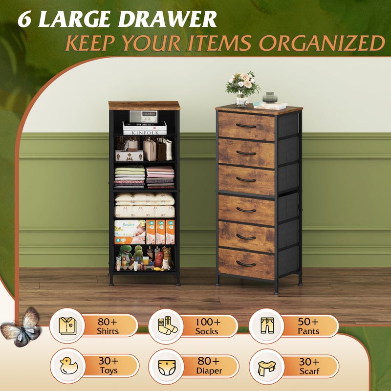 WLIVE Tall Dresser for Bedroom, 6 Drawer Dressers & Chests of Drawers, Fabric Dresser for Closet, Night Stand with Metal Frame, Storage Tower with Fabric Bins, Wood Top, Rustic Brown Wood Grain Print - Image 4