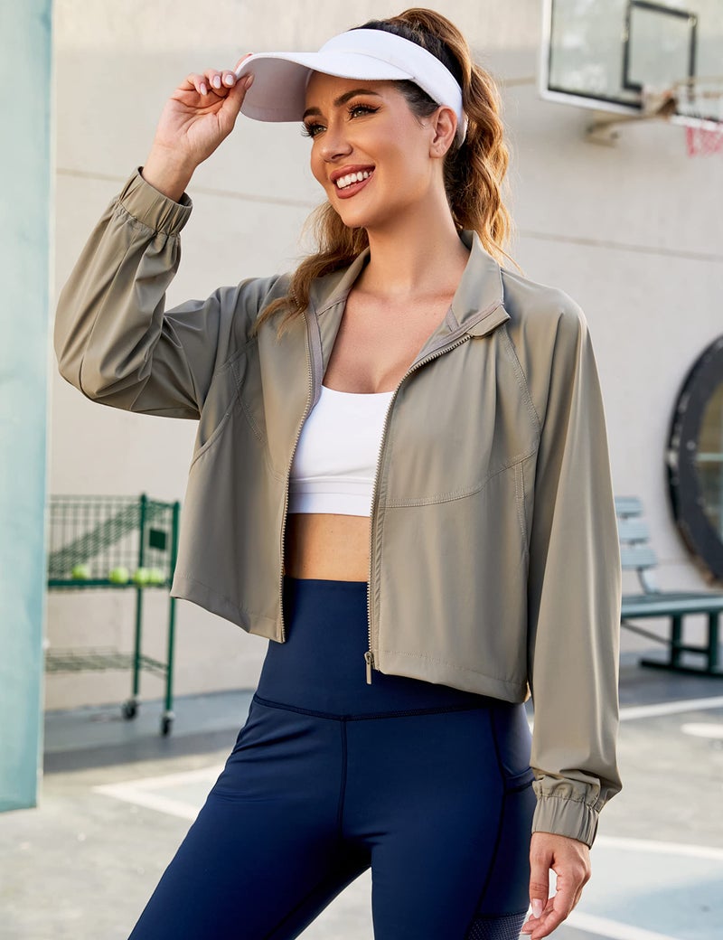 UANEO Womens Athletic Cropped Jacket Zip Up Long Sleeve Workout Tops Gym Yoga Running Sports Shirts Jackets(Tan-M) - Image 5