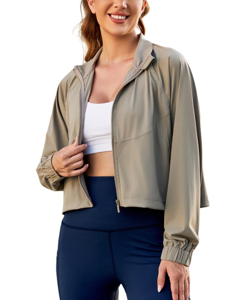 UANEO Womens Athletic Cropped Jacket Zip Up Long Sleeve Workout Tops Gym Yoga Running Sports Shirts Jackets(Tan-M) - Image 1