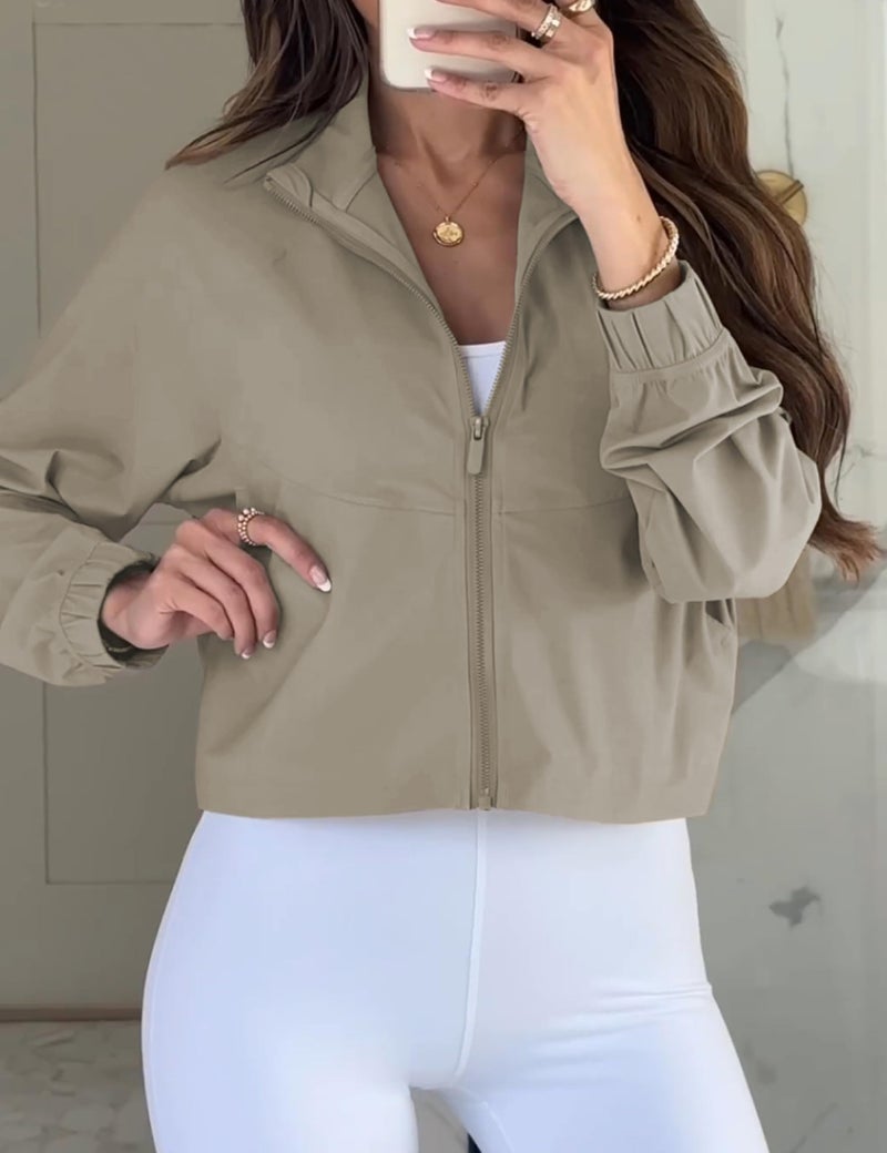 UANEO Womens Athletic Cropped Jacket Zip Up Long Sleeve Workout Tops Gym Yoga Running Sports Shirts Jackets(Tan-M) - Image 3